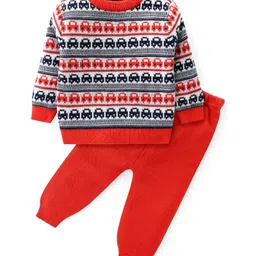 Babyhug Knitted Full Sleeves Pullover Sweater Set with Cars Design - Red-picture-12