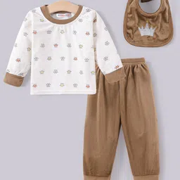 Kookie Kids Full Sleeves Winter Wear Suit with Bib Crown Print- White & Brown-picture-24