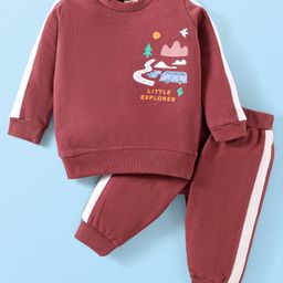 Zero Cotton Knit Full Sleeves Winter Wear Sweatshirt & Joggers Set with Text Print & Tape Detailing - Dark Red-picture-20