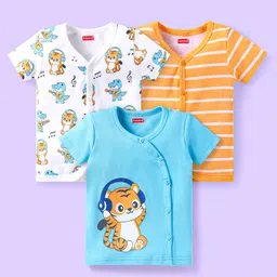 Babyhug 100% Cotton Woven Half Sleeves Front Open Jhabla with Stripe & Animal Print Pack Of 3 - Light Blue White & Mustard-picture-26