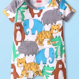 Babyhug Interlock Knit Half Sleeves Romper With Animal Print - White-picture-28