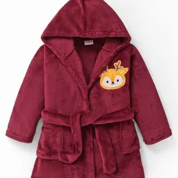 Babyhug Velour Knit Full Sleeves Hooded Bath Robe With Elastic At Waist & Deer Patch - Maroon-picture-37