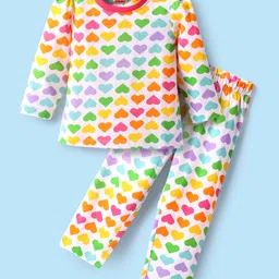 Babyhug Cotton Knit Full Sleeves Co-Ord Nightsuit with Heart Print - White-picture-19