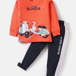 CUCUMBER Sinker Knit Full Sleeves Night Suit With Scooter Print - Orange-picture-20
