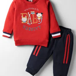 Zero Looper Knit Full Sleeves Full Sleeves T-Shirt & Lounge Pant Set with Animal Print & Tape Detailing - Red & Navy Blue image 1