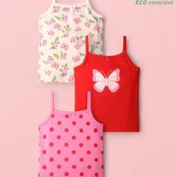 Babyoye Cotton Elastane Knit Sleeveless Slips with Butterfly & Floral Print Pack of 3 - Red Pink & Cream-image-99