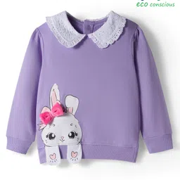 Babyoye 100% Cotton Knit Full Sleeves Peter Pan Collar Sweatshirt with Bow Applique & Bunny Graphic - Purple-image-94