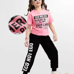 OLLINGTON ST. 100% Cotton Half Sleeves Text Printed Top & Knit Pant Set - Pink & Black-picture-27