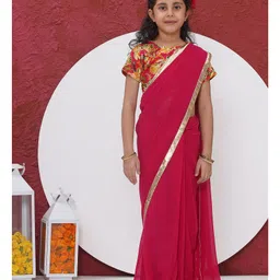 Little Bansi Cotton Woven Lace Detailed Wrap Around Saree With Half Sleeves Floral Embroidered Ready Made Blouse - Red-image-0
