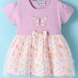 Wonderchild Half Sleeves Bow Applique Detailed & Floral Printed Knee Length Dress - Wine Milange-picture-14