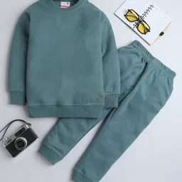 BAATCHEET Knitted Knit Full Sleeves Solid Light Winter Sweatshirt & Pant Set - Green-picture-27