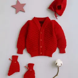 Little Angels Wool Knit Full Sleeves Textured Cardigan Cap & Socks Set - Red-picture-10