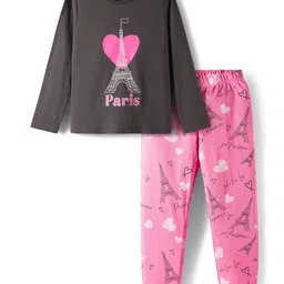 Primo Gino Cotton Knit Full Sleeves Night Suit With Eiffel Tower Print - Charcoal Grey & Pink image 2