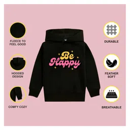 NUSYL Fleece Knit Full Sleeves Be Happy Text Printed Light Winter Hoodie - Black image 4