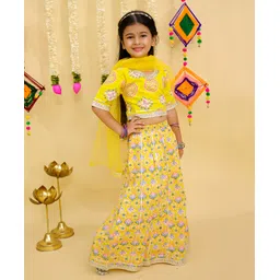 Junitos Cotton Woven Half Sleeves Abstract Printed Lehenga Choli With Dupatta Set - Yellow image 5