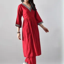 KALINI Pleated V-Neck Mirror Work A-Line Kurta With Palazzos & Dupatta image 2