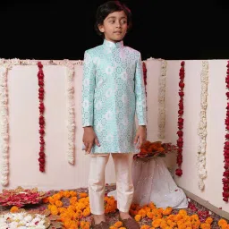 VASTRAMAY Boys Blue & Cream Self Full Sleeves Indowestern Sets image 5