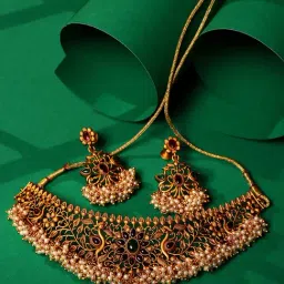 Saraf RS Jewellery Gold-Plated Pink Kempo & Pearl Beaded Choker Necklace Set-image-50