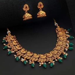 Saraf RS Jewellery Gold-Plated Green Stone Studded Peacock Temple Jewellery Set-picture-28