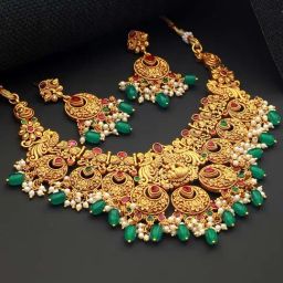 Saraf RS Jewellery Gold-Plated Pink & Green Studded Lakshmiji Temple Pendant Jewellery Set-picture-30