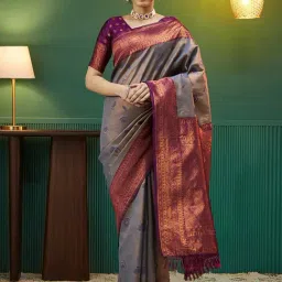 Satrani Grey Silk Woven Saree With Unstitched Blouse-image-7