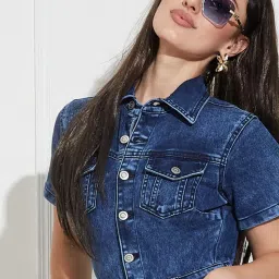 Miss Chase Navy Blue Denim Solid Jumpsuit image 5