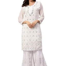 MRS RIGHT Women Floral Embroidered Flared Sleeves Thread Work Georgette Kurta-picture-51