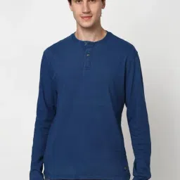 Peter England Navy Cotton Regular Fit Texture Henley T-Shirt-picture-16