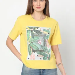 Vero Moda Yellow Cotton Printed T-Shirt-image-42