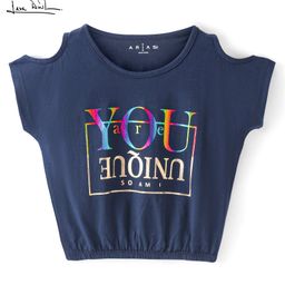 arias by lara dutta Arias Cotton Cotton Knit Half Sleeves Cold Shoulder Top with Elasticated Hem and Foil Text Print - Navy-picture-8