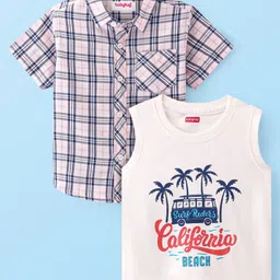 Babyhug Cotton Woven Half Sleeves Regular Collar Checked Shirt & California Print T-Shirt - Pink-picture-17