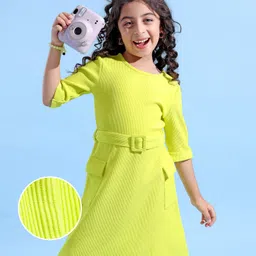 Hola Bonita Half Sleeves Knee Length A Line Rib Fabric Frock with Pocket Detailing - Green-picture-22