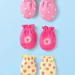 Babyhug Interlock Knit Mittens With Polka Dot & Floral Print Pack of 3 - Pink Yellow & Dark Pink image 1