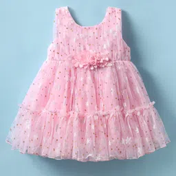Babyhug Woven Sleeveless Mesh Dress with Foil Print & Floral Applique - Light Pink-picture-12