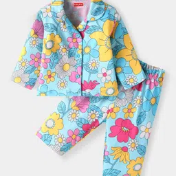 Babyhug Cotton Knit Full Sleeves Night Suit With Floral Print- Light Blue-picture-24