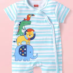 Babyhug Interlock Knit Half Sleeves Romper with Stripes & Animal Print - Light Blue-picture-12