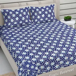 FABINALIV Navy Blue Cartoon Print Woollen King Size Fitted Double Bedsheet with 2 Pillow Covers-picture-20