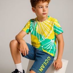 OLLINGTON ST.Knit Half Sleeves Floral Printed T-Shirt & Stretchable Denim Shorts Set - Multicolor & Blue-image-29