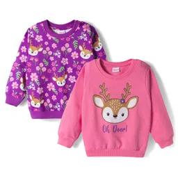 Babyhug Cotton Knit Full Sleeves Sweatshirts With Floral & Reindeer Print Pack of 2 - Pink & Purple-picture-25