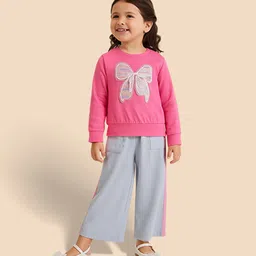 Tiara Cotton Jersey Knit Full Sleeves Bow Embroidered Top & Palazzo Set - Pink-picture-15