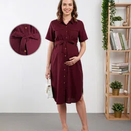 Bella Mama Viscose Woven Half Sleeves Solid Colour Maternity Shirt Dress - Wine-picture-15