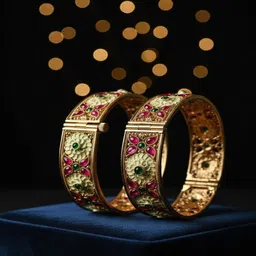PANASH Set Of 2 24KT Gold-Plated Ruby & Emerald Stones Studded Flower Shaped Bangles-image-20