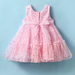 Babyhug Woven Sleeveless Mesh Dress with Foil Print & Floral Applique - Light Pink image 2