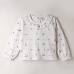 ToffyHouse Cotton Knit Full Sleeves Top & Skirt Set With Floral Print & Embroidery - White & Blue image 2