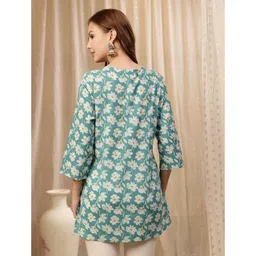 Zelena 100% Cotton Woven Three Fourth Sleeves Floral Printed Maternity Kurti With Front Open Nursing Access - Floral Teal image 3