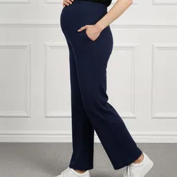 Bella Mama Full Length High Coverage Maternity Rib Knit Solid Coloured Pant - Navy Blue image 4