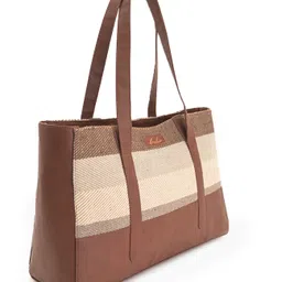 Boho girl Weave Accent Tote Bag for Women Neutral Shoulder Handbag with Textured Panel & Faux Leather Trim Stylish Daily Use Tote for Office, Work, Errands, Travel & Casual Outings image 3
