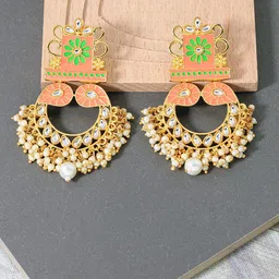 House of Pataudi Gold Plated Kundan Studded & Pearl Beaded Dangler Earrings-picture-27