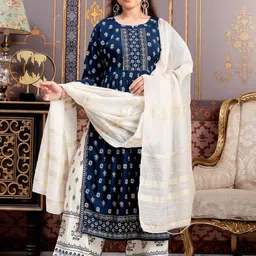 Sangria Girls Floral Printed Pleated Notch Neck A-Line Kurta Palazzo & Dupatta-picture-22