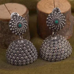 TEEJH Silver-Plated & Green German silver Antique Dome Shaped Jhumkas image 1